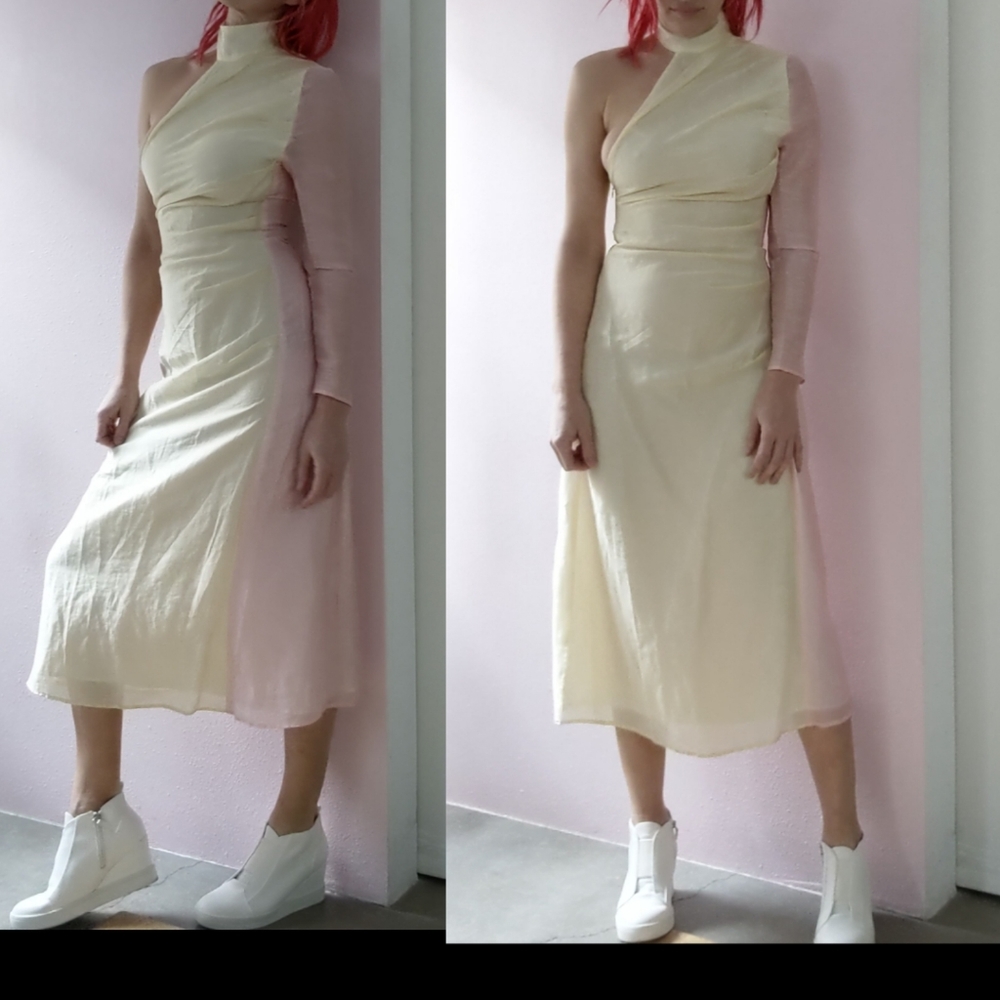 Nwt LEO & LIN butter yellow n peach pastel duo two daystone midi dress 2 - Picture 2 of 3